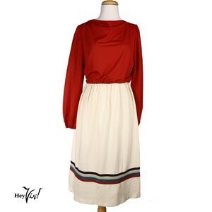 Vintage Toni Todd Dress Red Long Sleeve w Ivory Skirt Size 12 Medium - Hey Viv